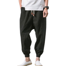 LifeHe Hiphop Army Linen Cotton Harem Pants - Black