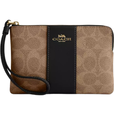 Coach Corner Zip Wristlet In Signature Canvas With Stripe - Gold/Tan/Black