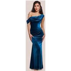 Turquoise - Women Dresses Goddiva Cowl One Shoulder Velvet Maxi Dress - Teal