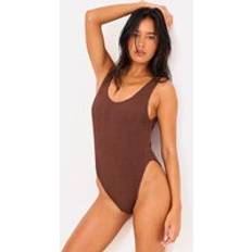 PrettyLittleThing Crinkle Scoop Back Swimsuit - Brown