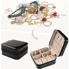 Unique Bargains Travel Jewelry Box for Women Girl's Birthday Gifts, Portable PU Leather Jewelry Organizer Case Storage Display Holder Black (10x10x5cm)