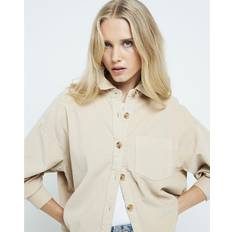 Corduroy - Women Tops River Island Corduroy Long Sleeve Cropped Shirt - Beige