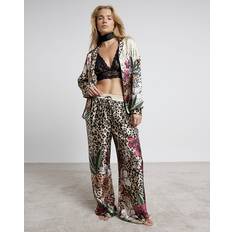 Brown Pyjamas River Island Satin Leopard Floral Pyjama Set - Brown