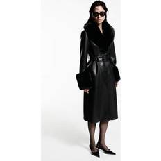 Mango Women Outerwear Mango Leather Effect Coat With Fur Effect Trim - Black