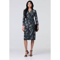Printed Ruched Belt Detail Midi Dress - Black