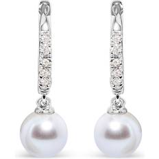 Earrings Haus of Brilliance 10K White Gold 6x6 MM Cultured Freshwater Pearl and Diamond Accent Drop Huggy Earring (H-I Color, I1-I2 Clarity)