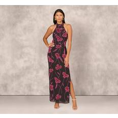 Black - Evening Gowns Dresses Aidan Mattox Beaded Floral Halter Column Gown - Black Multi