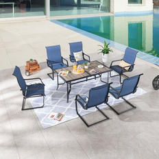 Steel Patio Dining Sets Canora Grey 7-Piece Outdoor 63.0 W x 35.4 D in Blue Patio Dining Set