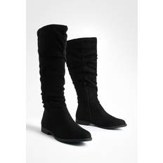 boohoo Faux Suede Slouchy Knee High Flat Boots - Black