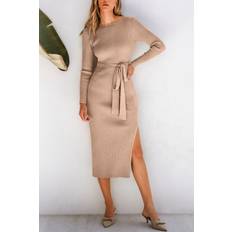 Green - Knitted Dresses Cupshe Ribbed Knit Boatneck Long Sleeve Midi Jumper Dress - Khaki