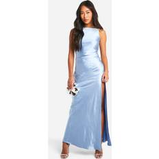 Velvet Dresses boohoo Bridesmaid Satin Slash Neck Maxi Dress - Blue