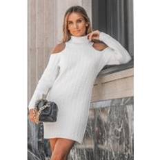 Knitted Dresses - White Cupshe Cable Knit Open-Shoulder Turtleneck Jumper Dress - White