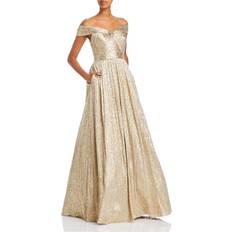 Gold - Women Dresses Aidan Mattox Off The Shoulder Metallic Foiled Metalline Ball Gown - Gold