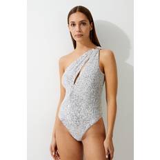 Silver - Women Swimwear Karen Millen Sequin Cut Out Asymmetric Thong Swimsuit - Silver