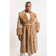 Shearling Coats Karen Millen Plus Size Faux Shearling Collar Coat - Camel