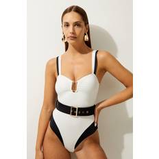 Beige Swimsuits Karen Millen Trim Detail High Cut Swimsuit - Cream