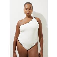 Beige Swimsuits Karen Millen Plus Size Contrast Stitch One Shoulder Swimsuit - Cream