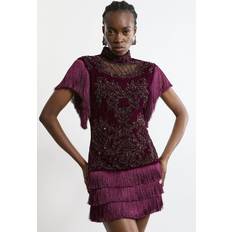 Purple - Short Dresses Karen Millen Velvet Baroque Fringe Woven Mini Dress - Red