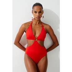 Red Swimsuits Karen Millen Slinky Cut Out Ring Detail Swimsuit - Red