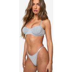 Grey Lingerie Sets boohoo Ribbed Lounge Bra And Thong Set - Grey
