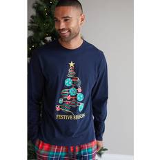 Threadbare Frenchie Cotton Long Sleeve Christmas Check Pyjama Set - Blue