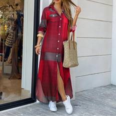 Red - Shirt Dresses Zanzea Womens Turn-Down Collar Long Sleeve Check Plaid Long Shirt Dress - Yellow