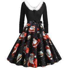 Xusheng Women's Christmas Long Sleeve Fur Collar Dress - Black