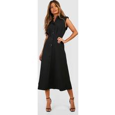 boohoo Womens Shoulder Pad Pocket Midi Shirt Dress - Black