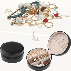 Unique Bargains Travel Jewelry Box for Women Girls Birthday Gifts, Round Portable PU Leather Jewelry Organizer Case for Earring Necklace Black (10x10x5cm)