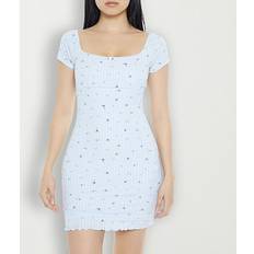 Forever 21 Women Dresses Forever 21 Ribbed Womens Short Sleeve Floral Bodycon Dress - Blue