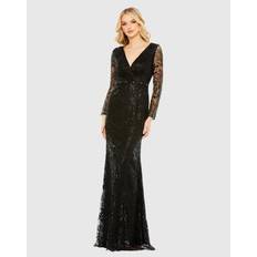 Evening Gowns Dresses Mac Duggal Embellished Wrap Over Long Sleeve Gown - Black