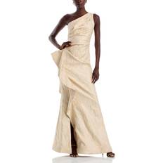 Teri Jon Jacquard Side-Ruffle Gown - Gold