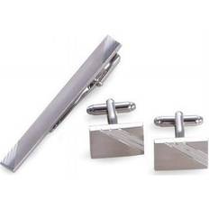 Rhodium Plated Cufflinks Rhodium Plated Satin Finish Striped Cufflinks Tie Pin Set - Silver