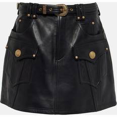 Balmain Midi Skirts Balmain Belted A-Line Leather Miniskirt - Black