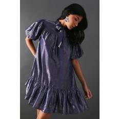 Clothing Warehouse Metallic Tie Neck Puff Sleeve Mini Dress - Navy