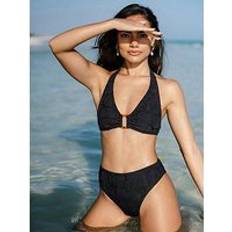 Polyester Bikinis Chelsea Peers Jacquard Shell High Waisted Bikini Bottoms - Black