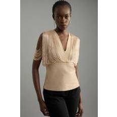 Beige - Elastane/Lycra/Spandex Blouses Karen Millen Figure Form Bandage Knit Fringe Detail Top - Champagne