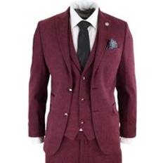 Men - Red Suits Truclothing Herringbone Wool Tweed Retro Suit - Wine