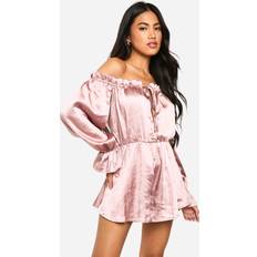 Jumpsuits - Pink Jumpsuits & Overalls boohoo Bardot Ruched Satin Romper - Pink