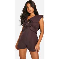Brown Jumpsuits & Overalls boohoo Petite Frill Detail Romper - Brown