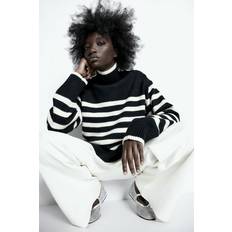 Gold - Women Jumpers H&M Ladies Striped Oversized Polo Neck Jumper - Black/Cream