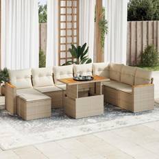 Rattan Patio Dining Sets vidaXL 9-Tlg Garten Sofagarnitur Mit Kissen Beige Poly Rattan Essgruppe, 1 Tisch einschl. 8 Stühle