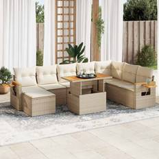 Rattan Patio Dining Sets vidaXL 7-Tlg Garten-Sofagarnitur Mit Kissen Beige Poly Rattan Akazie - Beige und Creme mit Stauraum Essgruppe, 1 Tisch einschl. 8 Stühle