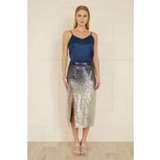 Silver - Women Skirts Yumi Sequin Split Fitted Midi Skirt - Navy