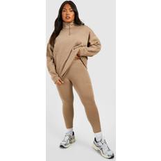 boohoo Womens Plus Oversized Half Zip And Legging Set - Beige