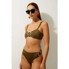 Green Bikinis Karen Millen Slinky Trim Detail Cheeky Bikini Bottoms - Khaki