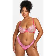 Women Bras boohoo Bow Embroidered Underwire Balcony Bra - Pink