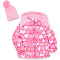 Silver Outerwear Children's Clothing iApparel Platinum Girls Allover Heart Print Puffer Jacket - Pink