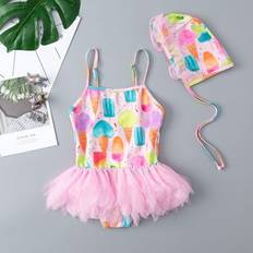 Swimwear Aurigate Little Girls Swimsuit Hat Set - Ice Cream Print