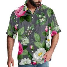 Pink - Unisex Shirts Yzuouzy Hawaiian Button Down Shirt - Spring Roses/Peony Orchid